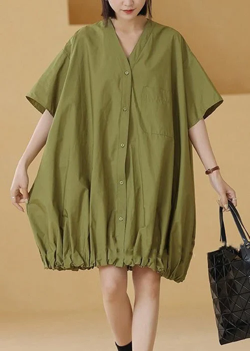 Plus Size Green Solid Button Cotton Shirts Mid Dress Short Sleeve Stylish Savings