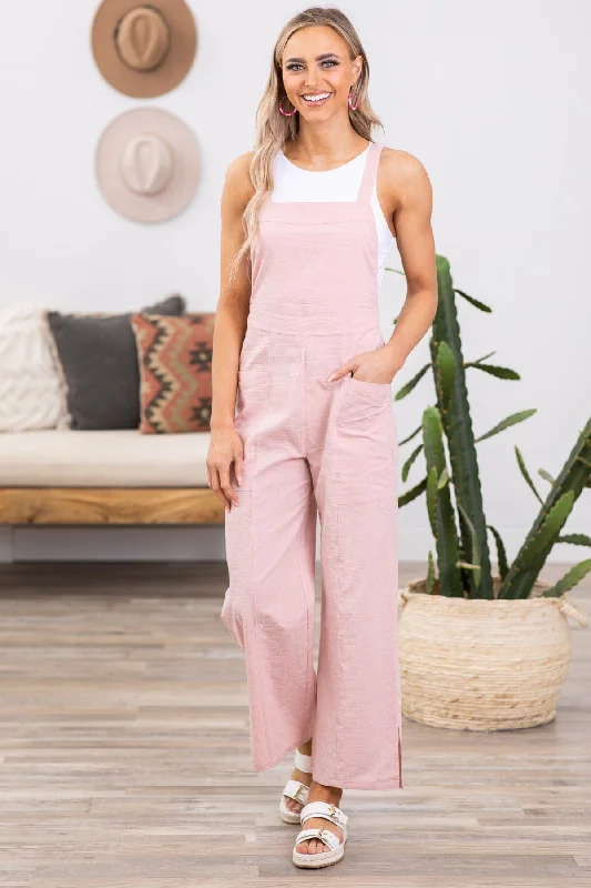 Blush Textured Overalls With Pockets Vintage Charm