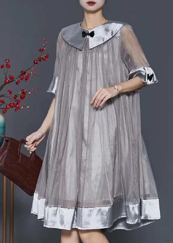 Women Grey Patchwork Bow Tulle Robe Dresses Summer Lightweight Fabric