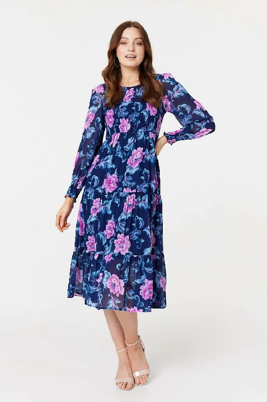 Floral Semi-Sheer Tiered Midi Dress Seasonal Trends