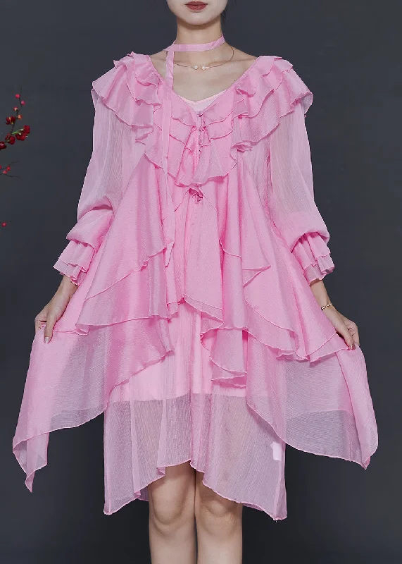 Stylish Pink Asymmetrical Ruffles Chiffon Mid Dress Spring Fashion Sale