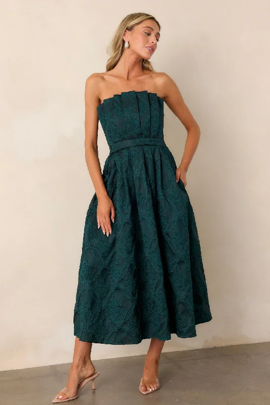 The Genevieve Hunter Green Floral Jacquard Strapless Midi Dress Modern Glamour