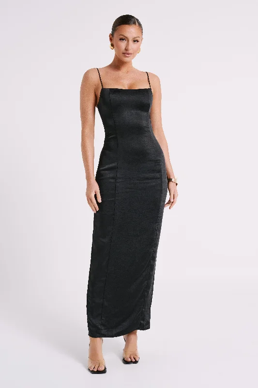 Chrisley Satin Maxi Dress With Split - Black Special Offers, Don't Miss