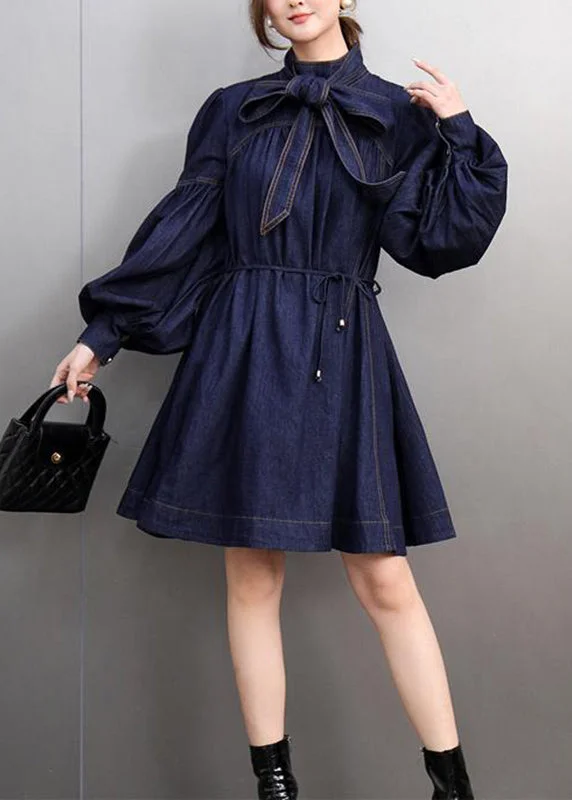 Natural Navy Bow Patchwork Denim Mid Dress Lantern Sleeve Vibrant Styles