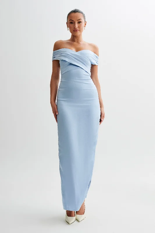 Harley Off Shoulder Satin Maxi Dress - Cornflower Blue Romantic Flair