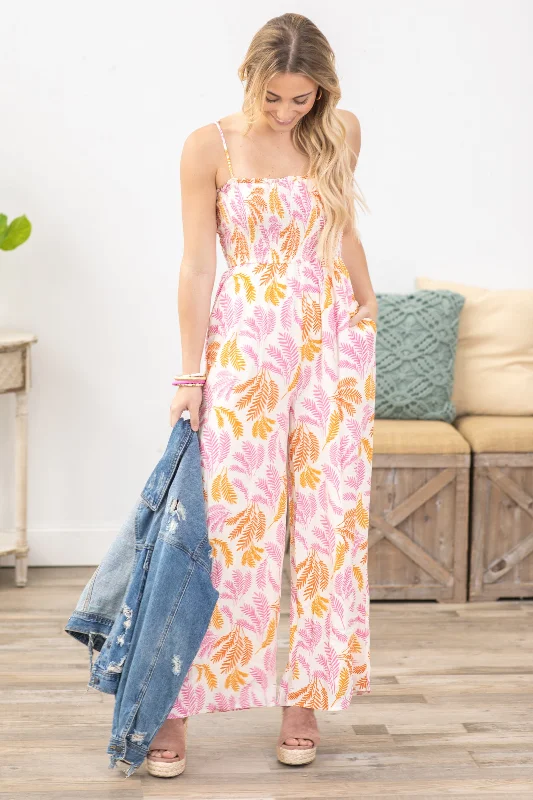 Pink Tropical Leaf Print Jumpsuit Classic Women's Fashion