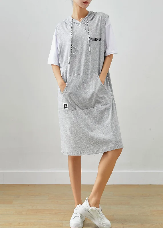 Grey Patchwork Cotton Fake Two Piece Sweatshirts Dress Drawstring Summer Elevate Your Wardrobe