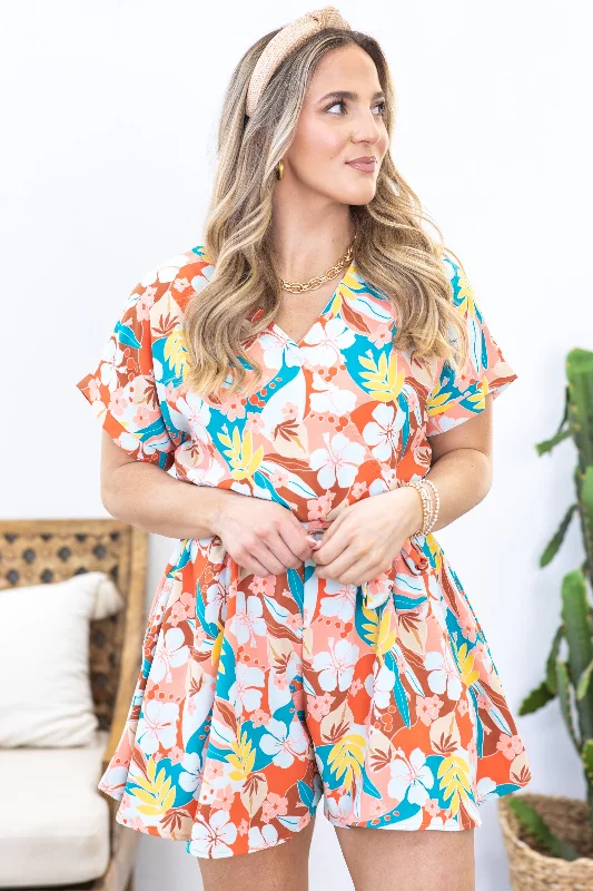 Coral Tropical Floral Print Romper Romantic Flair