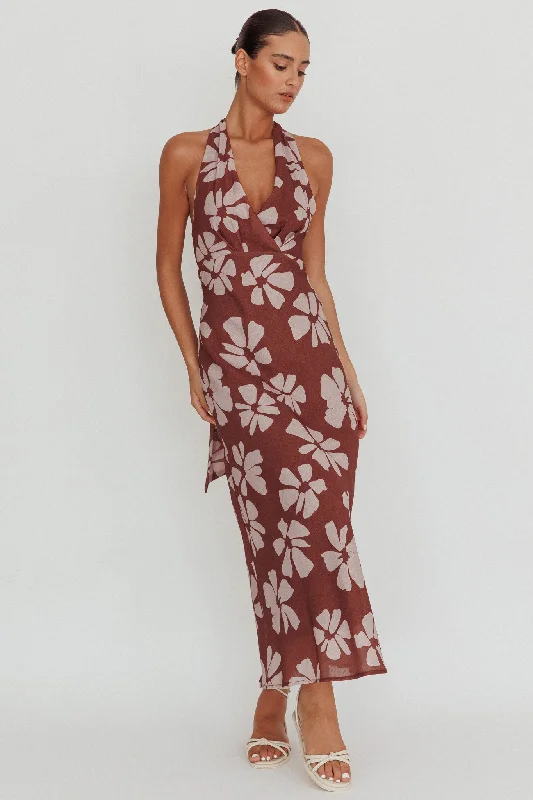 Italia Azure Halterneck Floral Maxi Dress Brown Fashion For Every Occasion