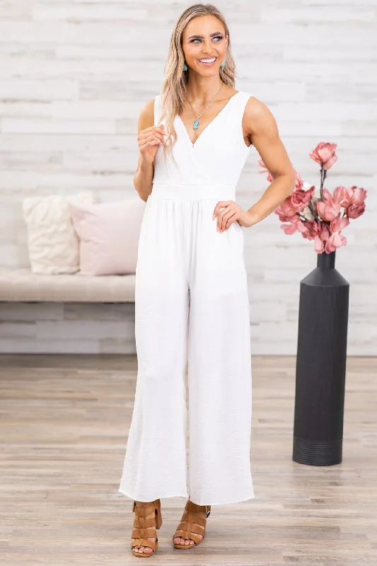 Off White Smocked Waist Double V-Neck Jumpsuit Seasonal Trend