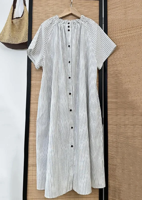 Loose Striped Ruffled Button Cotton Shirt Dress Summer Mega Sale