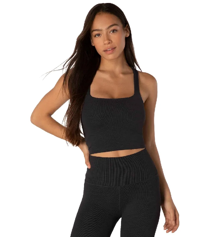 Beyond Yoga Heather Rib Square Neck Cropped Yoga Tank Top Black Effortless Sophistication