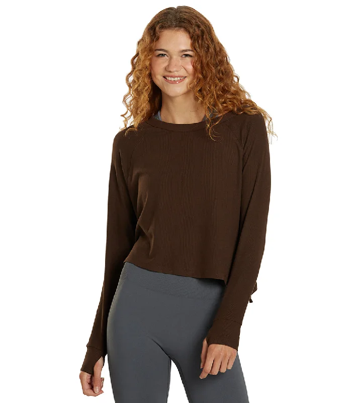 Cream Yoga Fare Drop Shoulder Crop LS Tee Chocolate Limited Time Offers