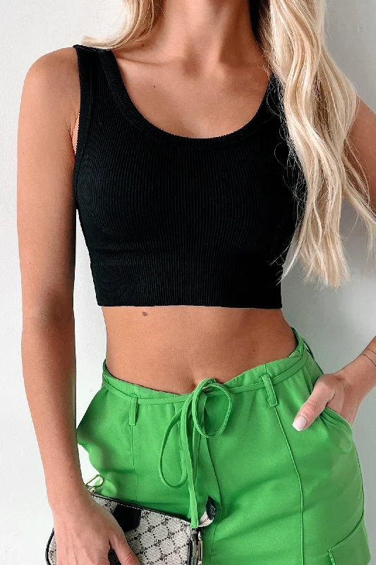 Easy Bliss Ribbed Seamless Crop Top (Black) Casual Weekend Relaxed Style