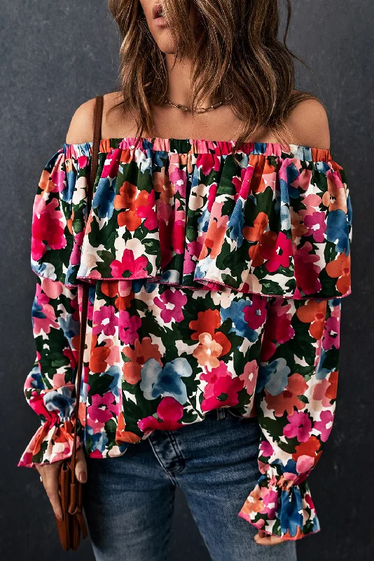 Floral Off-Shoulder Flounce Sleeve Layered Blouse Romantic Date - Night Ensemble