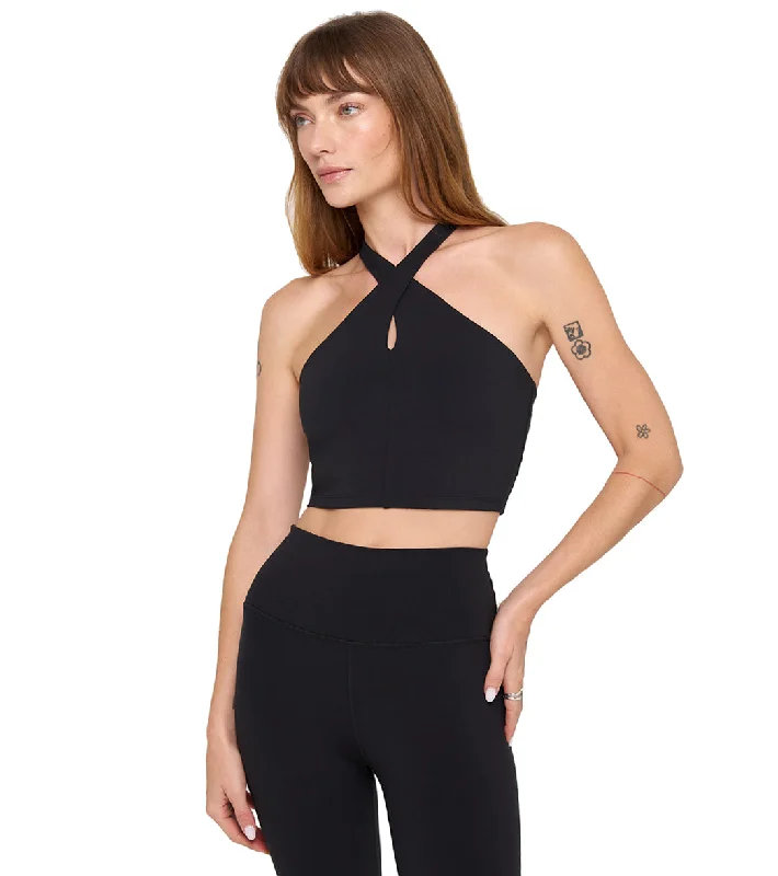 Spiritual Gangster Jules Cross Neck Crop Tank Black Romantic Detailing