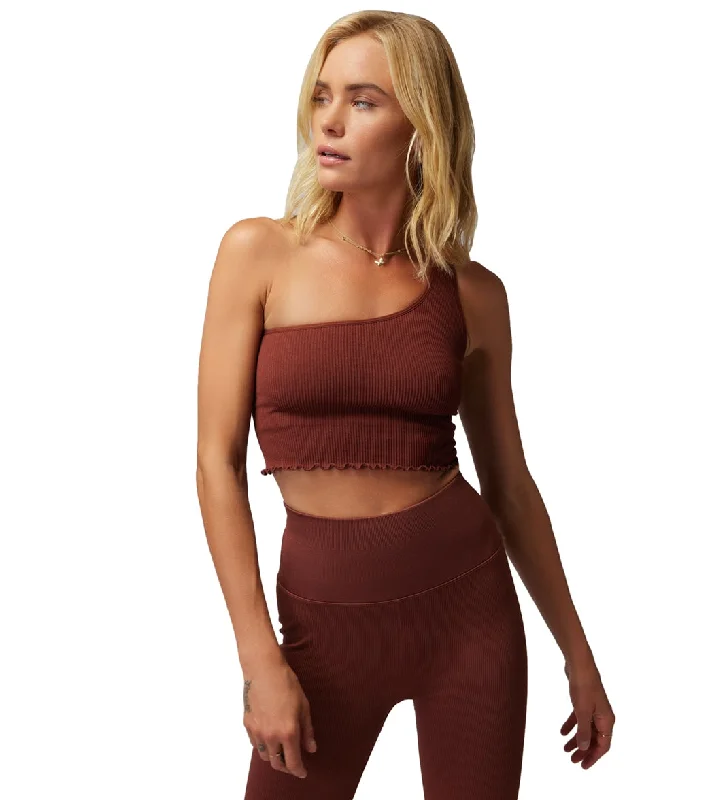 Spiritual Gangster Luna One Shoulder Crop Tank Washed Burgundy Flowy Fabric