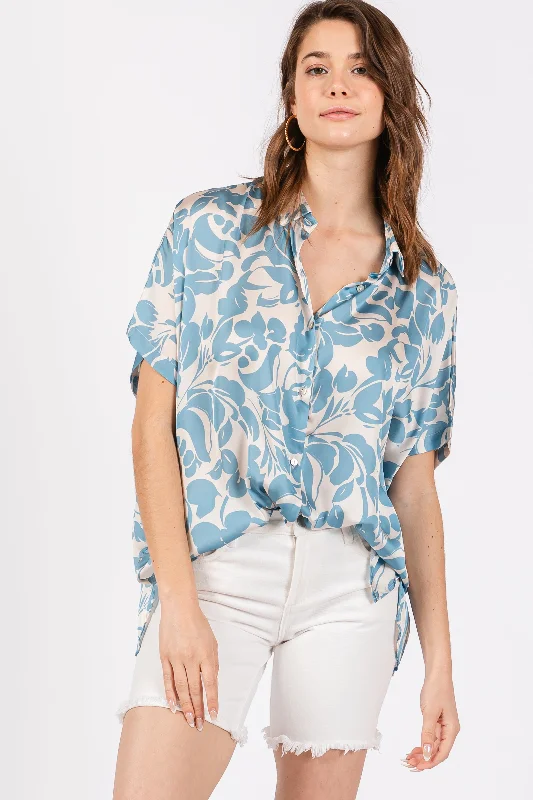 Aqua Floral Button Down Blouse Mid Season Sale