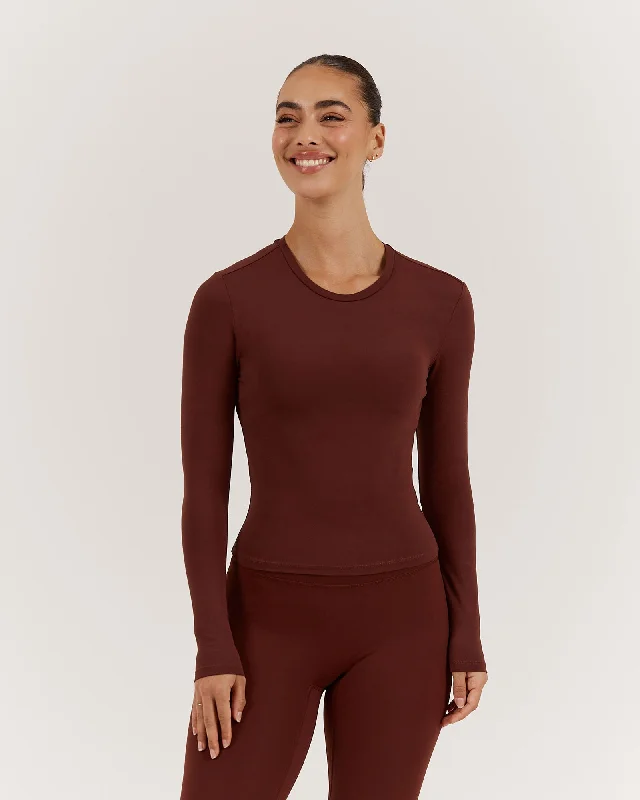 ATHLEISURE LONG SLEEVE TOP - CHOCOLATE Trend Forward Threads For Her