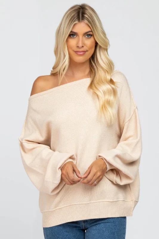 Beige Boat Neck Bubble Sleeve Sweater Don't Miss Out