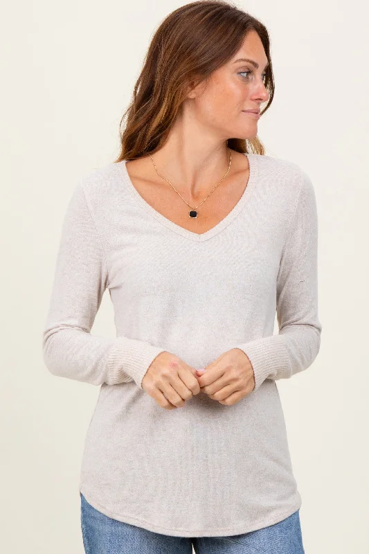 Beige Brushed Knit Relaxed V-Neck Long Sleeve Top Daily Deals