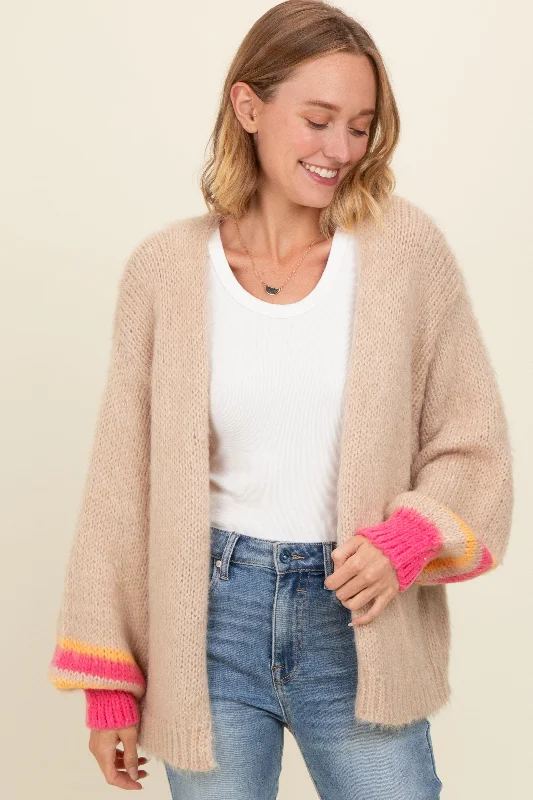 Beige Brushed Knit Striped Sleeve Cardigan Seasonal Sale