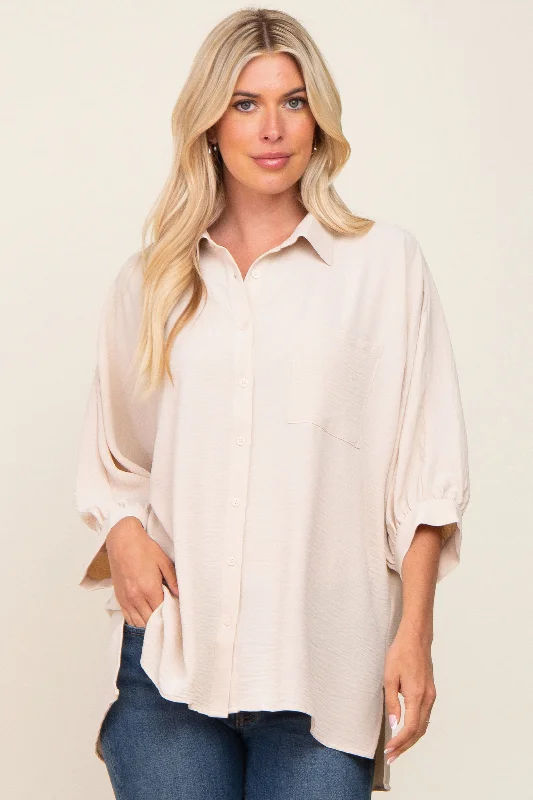 Beige Button Down 3/4 Sleeve Top Trend Forward Women's Wear