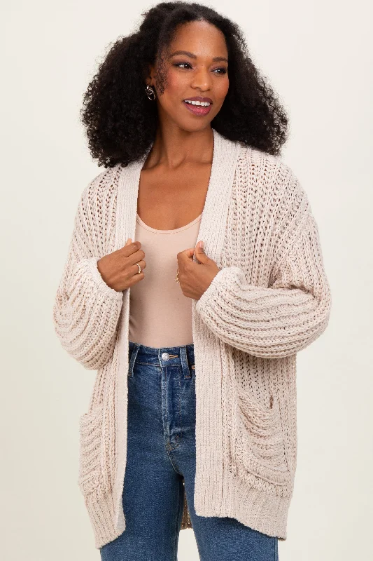 Beige Chunky Knit Oversized Pocket Cardigan Rustic Countryside Charm Look