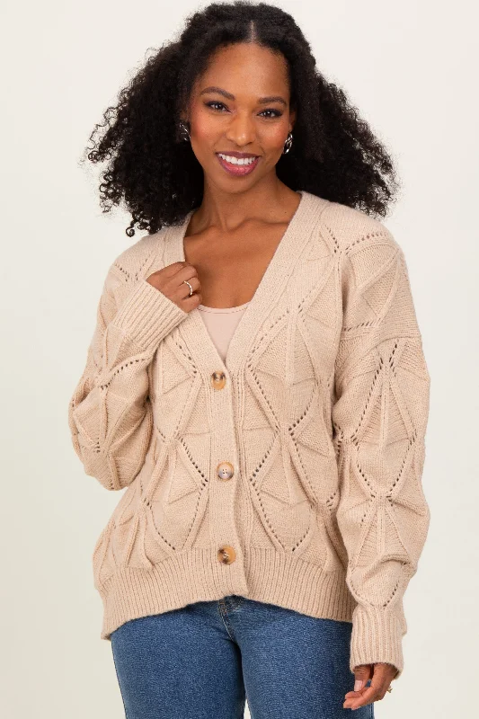 Beige Diamond Knit Button Up Sweater Cardigan Day To Night Styles