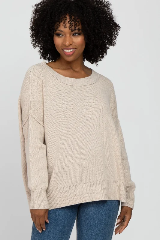 Beige Exposed Seam Side Slit Sweater Holiday Sale