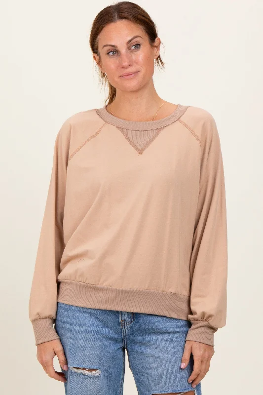 Beige French Terry Contrast Rib Long Sleeve Pullover From Casual To Classy