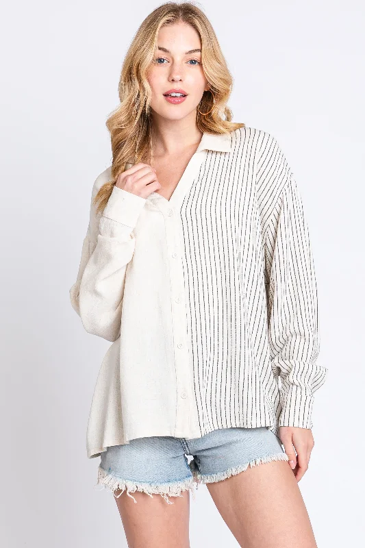 Beige Half Stripe Button Down Top Special Offer For You