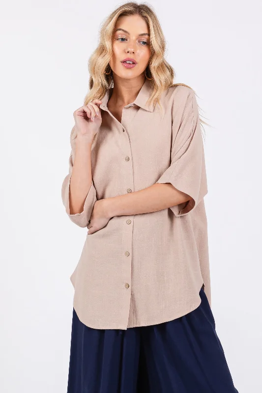 Beige Linen Dolman Half Sleeve Button Down Top Clearance Event