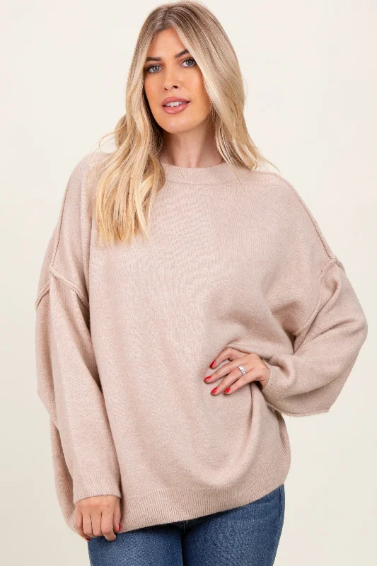 Beige Oversized Crewneck Melange Knit Sweater Limited Stock, Big Discounts