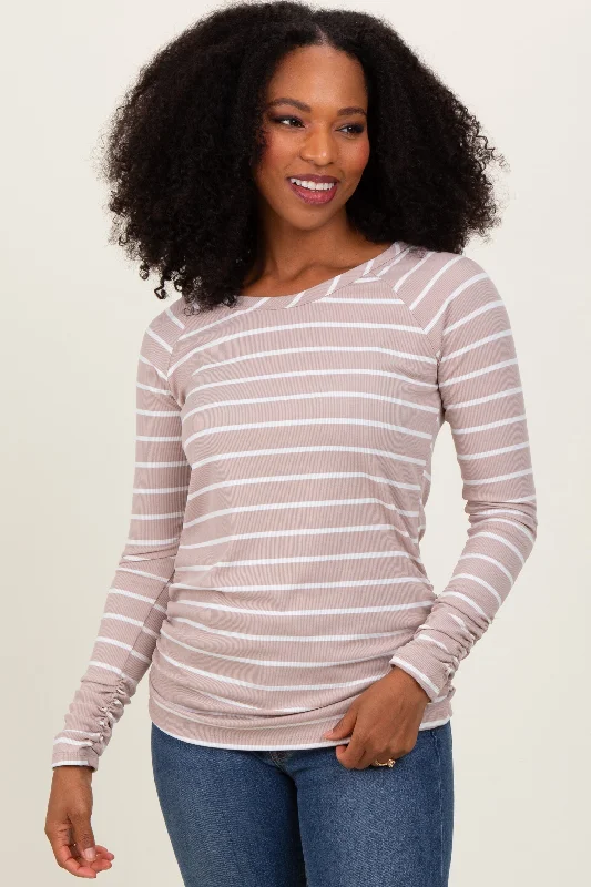 Beige Striped Ruched Side Long Sleeve Top Now On Sale For Chic Urban Styles