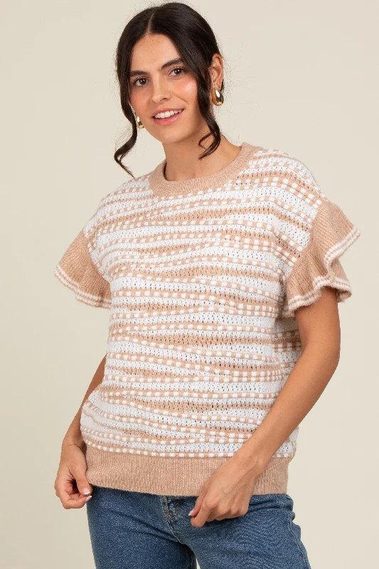 Beige Textured Stripe Ruffle Short Sleeve Sweater Budget Saver