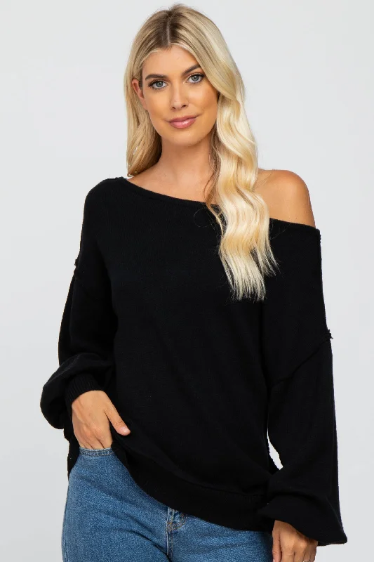 Black Boat Neck Bubble Sleeve Sweater Summer Fashion