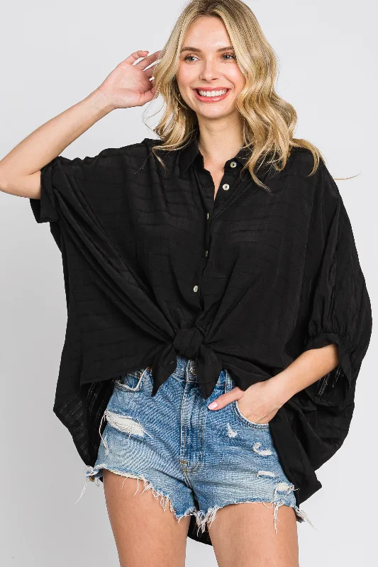 Black Button Down 3/4 Sleeve Top Cool Prices