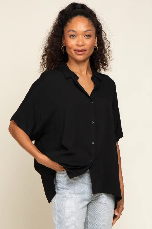 Black Button Up Dolman Short Sleeve Top Quick Grab Deals