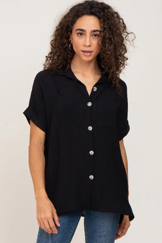 Black Collared Button-Down Short Sleeve Blouse Chic Styles