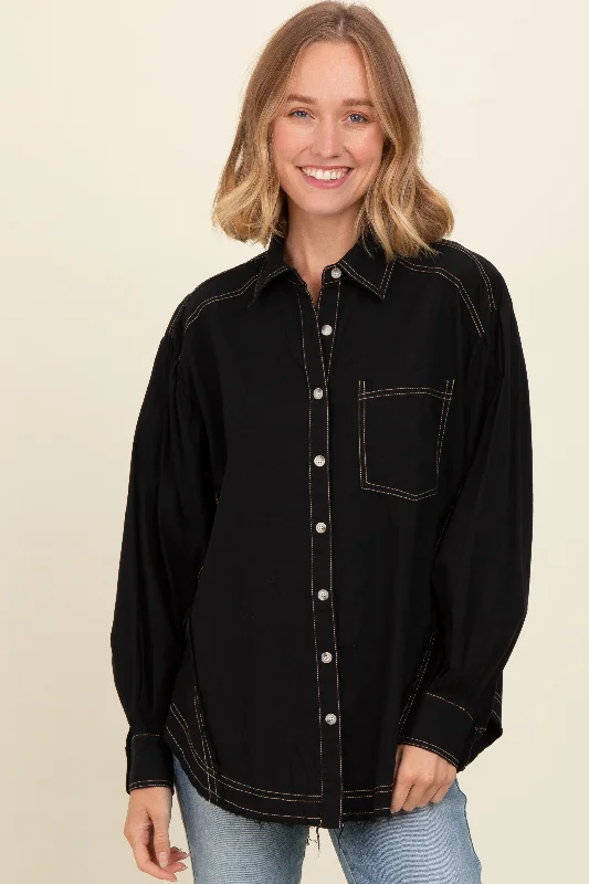 Black Contrast Stitch Button Up Collared Long Sleeve Top Mega Sale