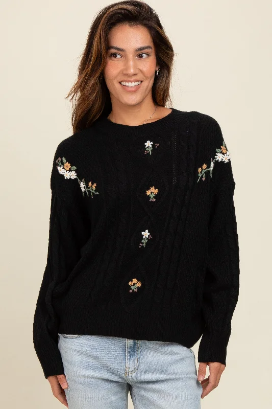 Black Embroidered Flower Cable Knit Sweater Limited Time