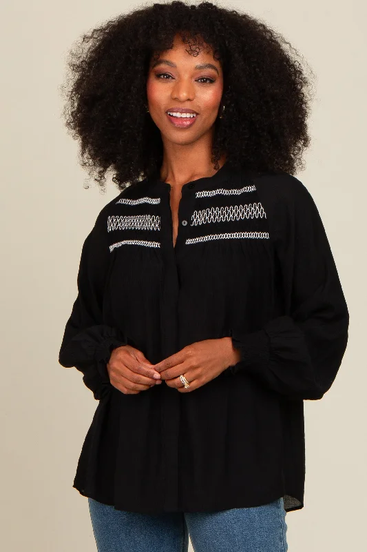 Black Embroidered Smocked Blouse Chic Sophistication