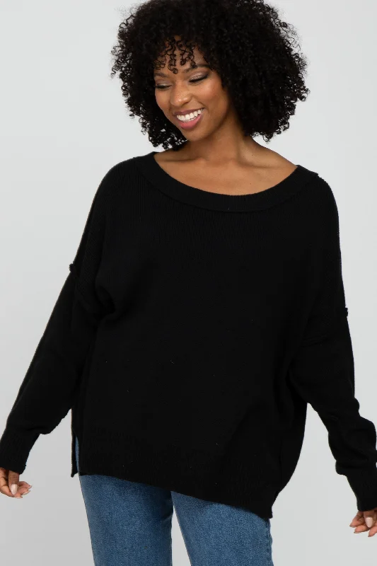 Black Exposed Seam Side Slit Sweater Spring Fling Sale