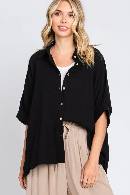 Black Gauze Double Layered Button Up Top Budget Friendly