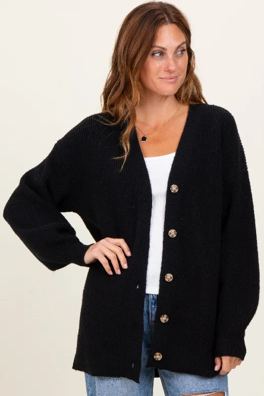 Black Knit Oversized Button Down V-Neck Cardigan Stylish Looks