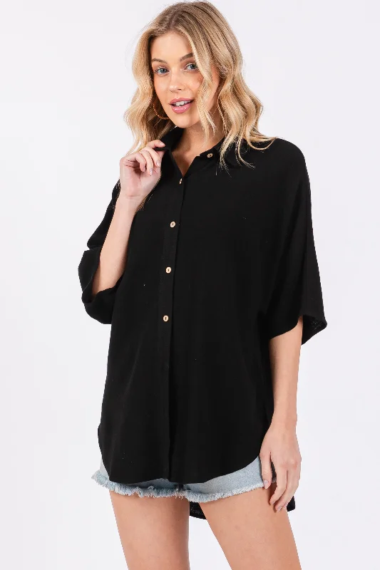 Black Linen Dolman Half Sleeve Button Down Top Special Offer