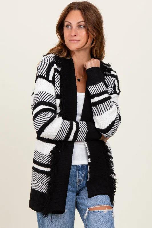 Black Mixed Stripe Fringe Shawl Collar Cardigan The Latest Fashion Trends