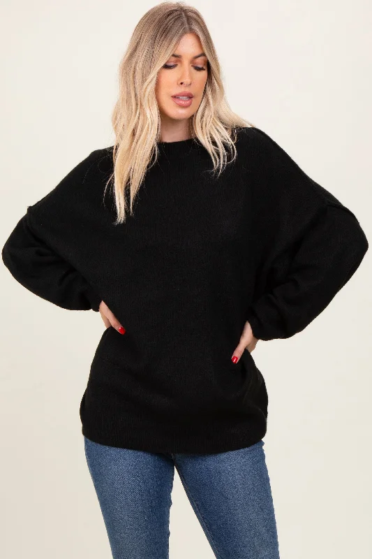 Black Oversized Crewneck Melange Knit Sweater Fashion Forward Femme