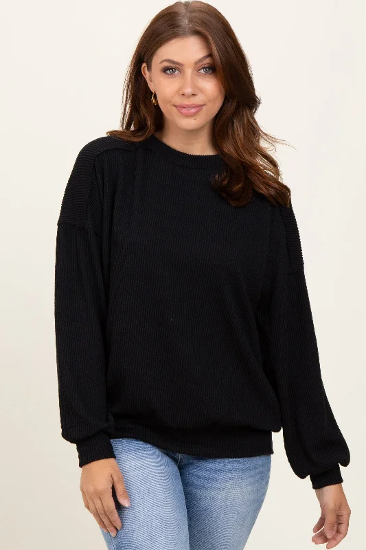 Black Oversized Ribbed Long Sleeve Sweatshirt The Epitome Of Modern Women's Fashion